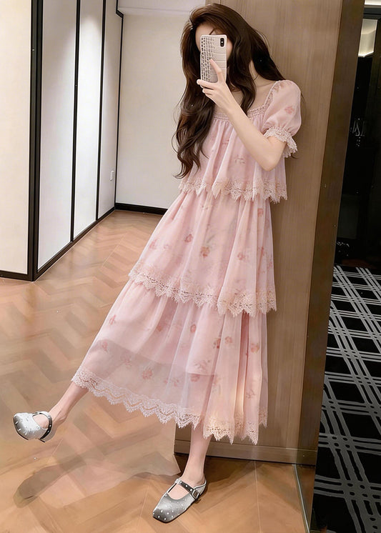 Italian Pink Layered Design Print Chiffon Vacation Dresses Summer