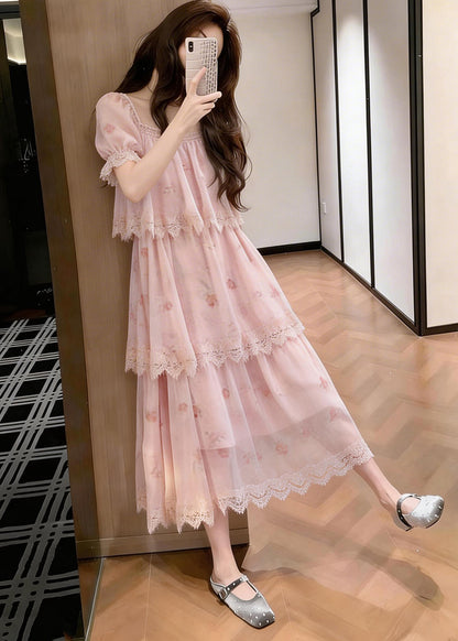 Italian Pink Layered Design Print Chiffon Vacation Dresses Summer