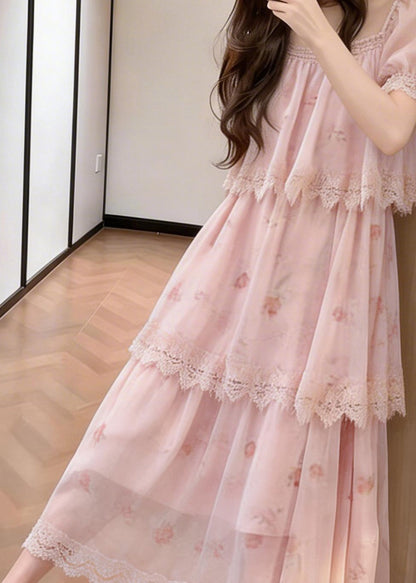 Italian Pink Layered Design Print Chiffon Vacation Dresses Summer