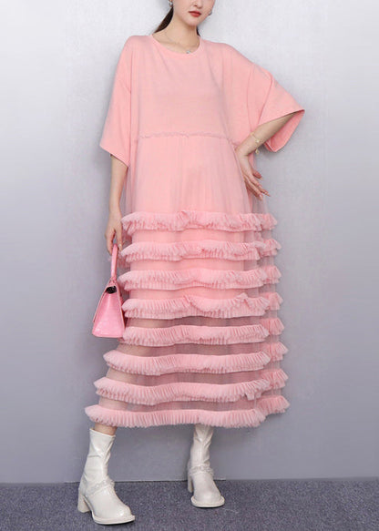 Italian Pink Layered Ruffled Patchwork Tulle Cake Dress Summer