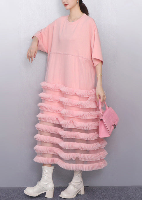 Italian Pink Layered Ruffled Patchwork Tulle Cake Dress Summer