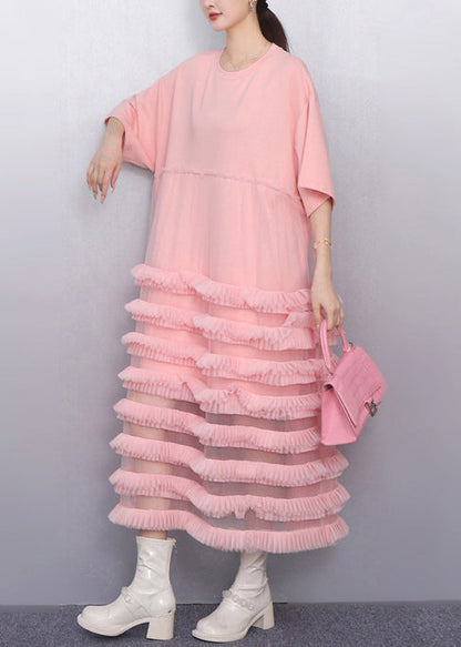 Italian Pink Layered Ruffled Patchwork Tulle Cake Dress Summer