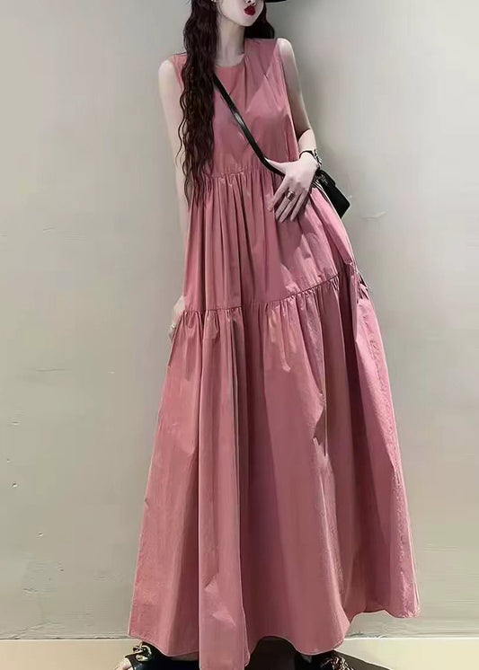 Italian Pink O-Neck Wrinkled Cotton Maxi Dresses Sleeveless