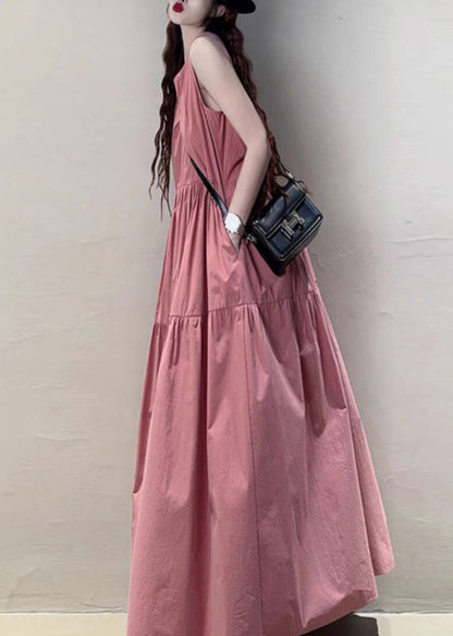 Italian Pink O-Neck Wrinkled Cotton Maxi Dresses Sleeveless