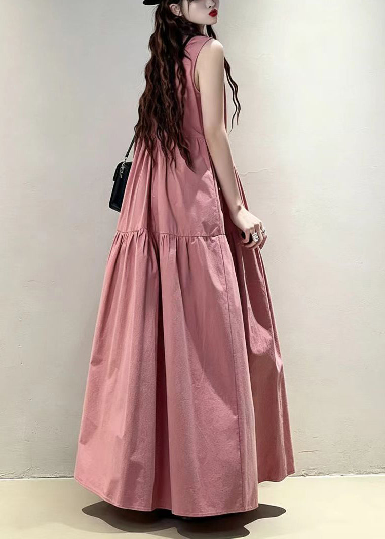 Italian Pink O-Neck Wrinkled Cotton Maxi Dresses Sleeveless