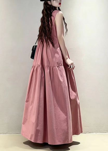 Italian Pink O-Neck Wrinkled Cotton Maxi Dresses Sleeveless