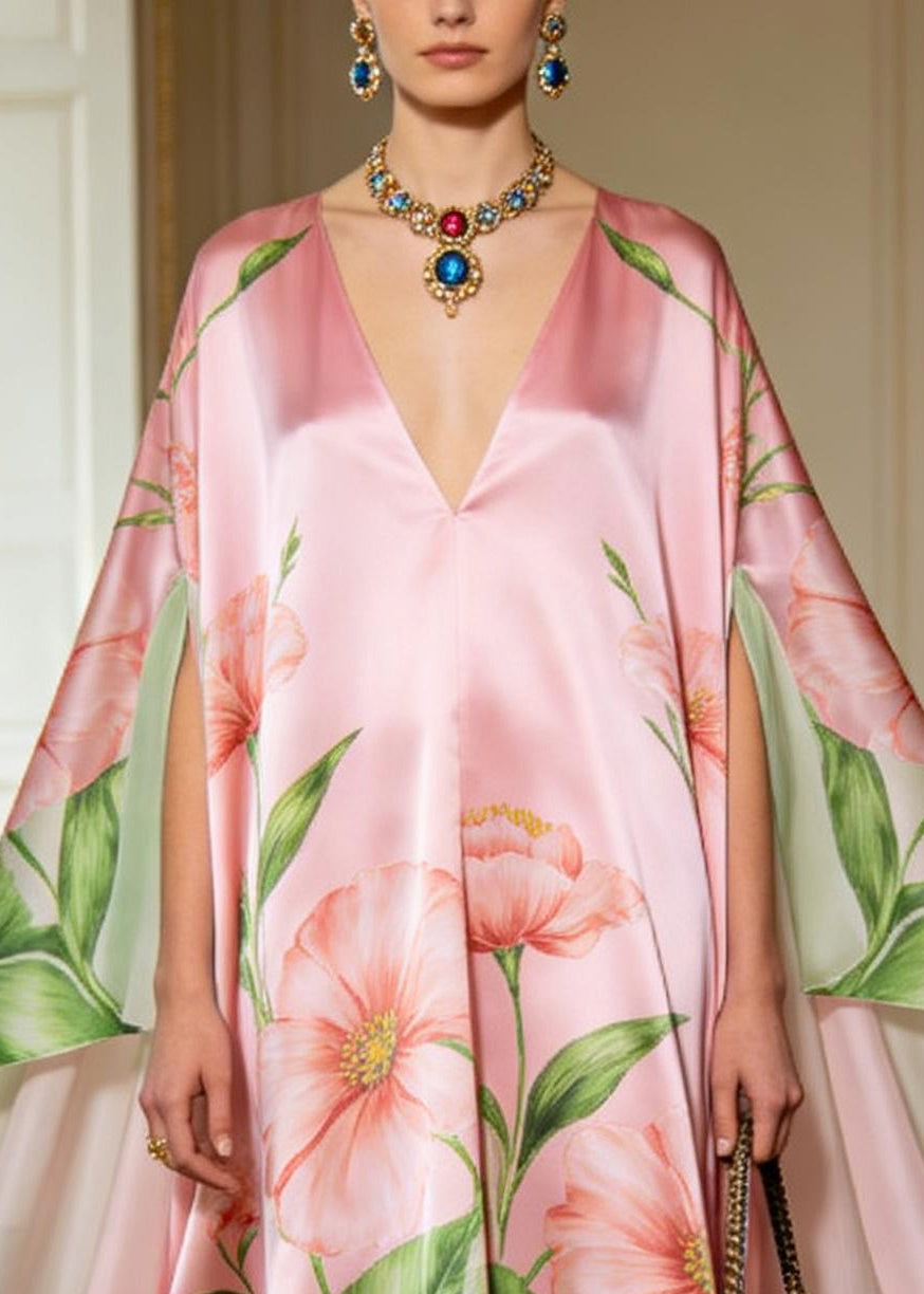 Italian Pink Oversized Exra Large Hem Silk Holiday Dress Batwing Sleeve