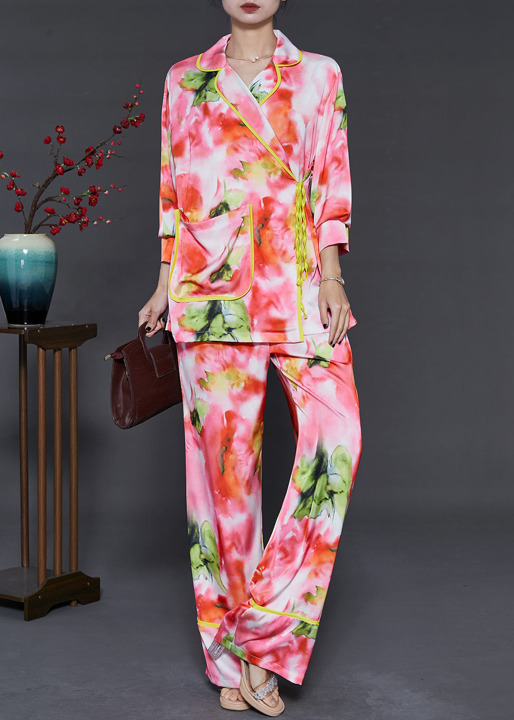 Italian Pink Print Lace Up Silk Two Pieces Set Spring