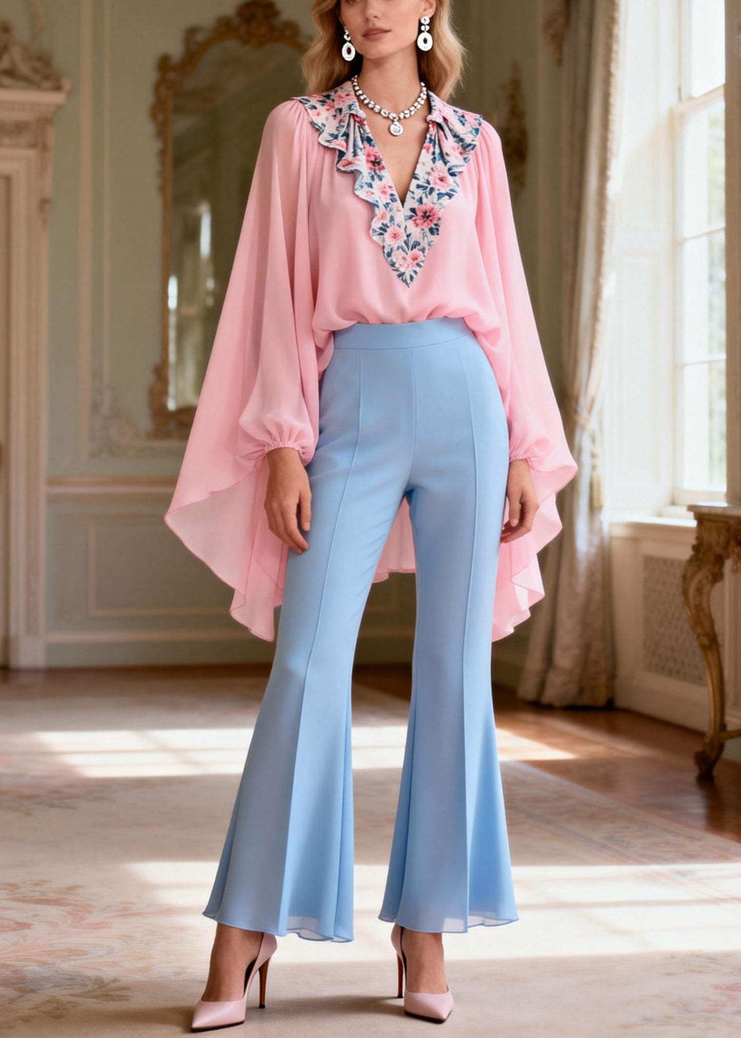 Italian Pink Print Patchwork Chiffon Top And Flared Trousers Two Pieces Set Lantern Sleeve