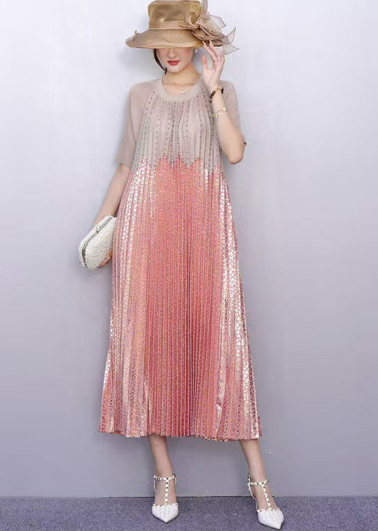 Italian Pink Sequins Patchwork Nail Bead Pleated Dresses Summer