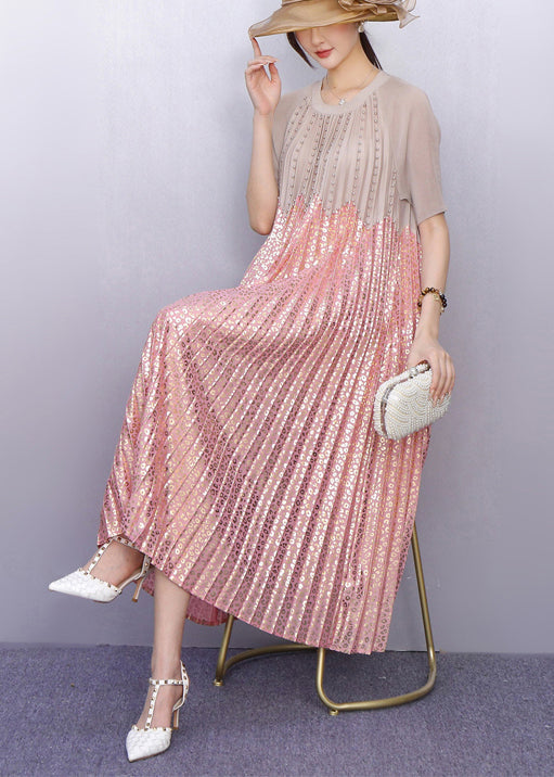 Italian Pink Sequins Patchwork Nail Bead Pleated Dresses Summer