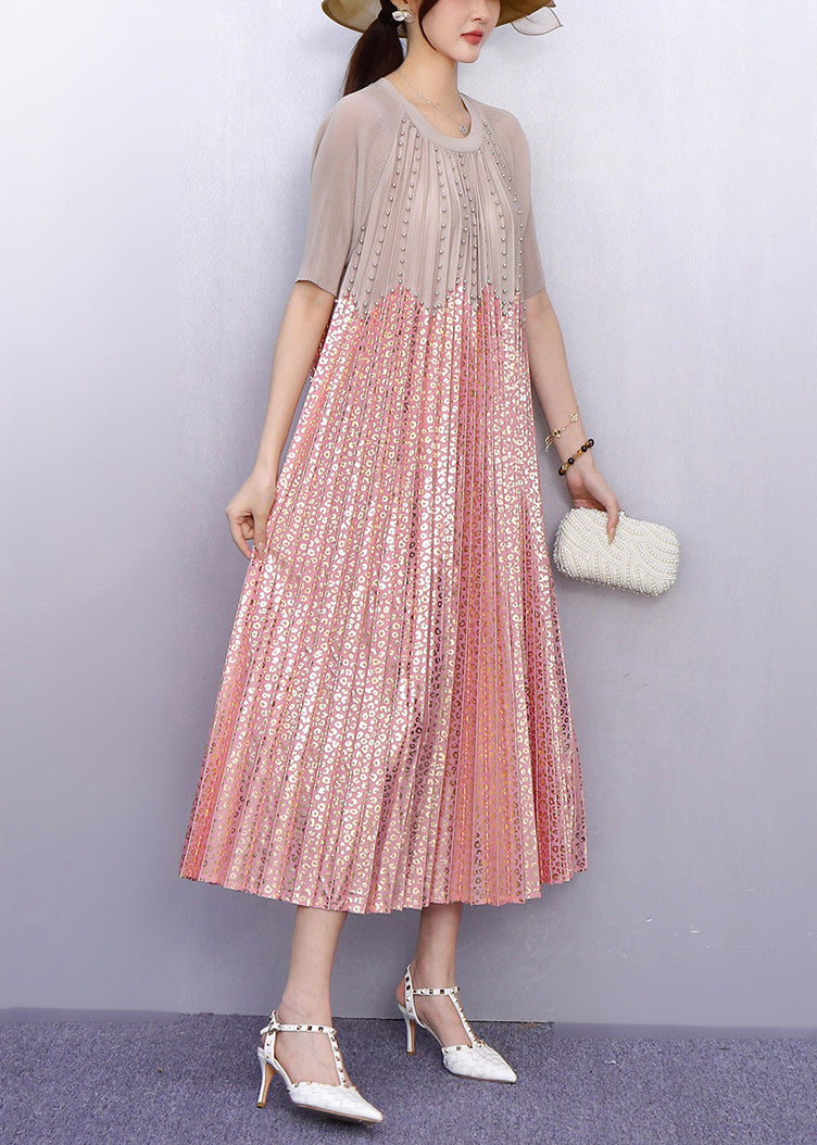 Italian Pink Sequins Patchwork Nail Bead Pleated Dresses Summer