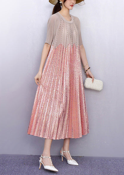 Italian Pink Sequins Patchwork Nail Bead Pleated Dresses Summer