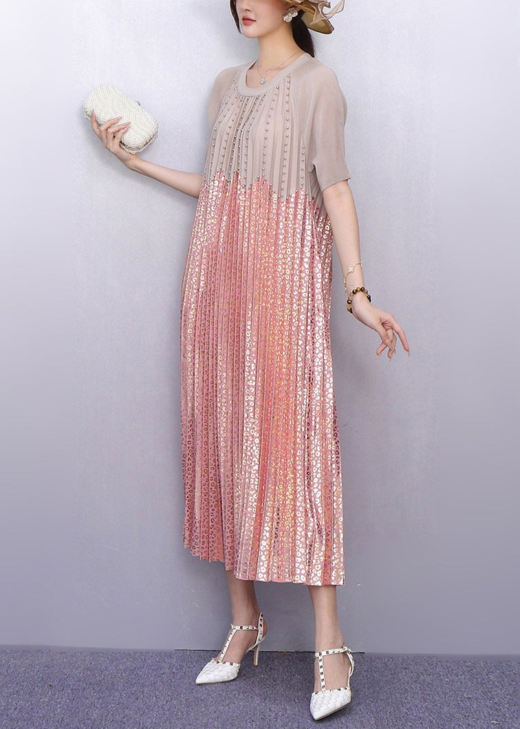 Italian Pink Sequins Patchwork Nail Bead Pleated Dresses Summer