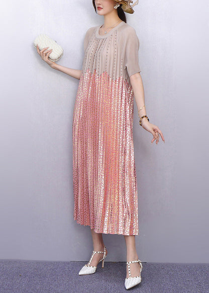 Italian Pink Sequins Patchwork Nail Bead Pleated Dresses Summer