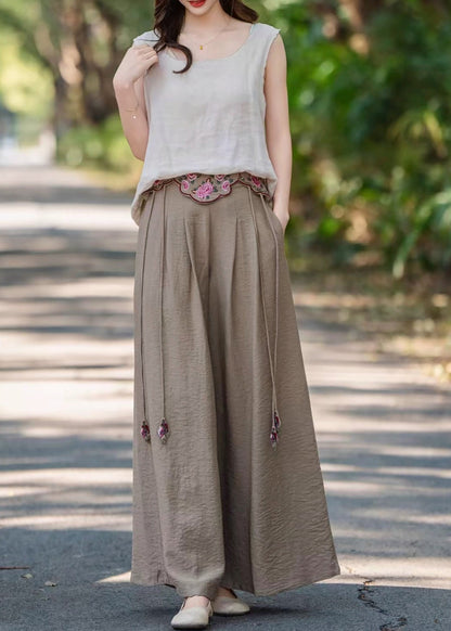 Italian Pink Tasseled Embroidered Linen Straight Pants Spring