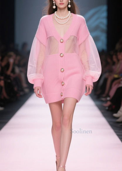 Italian Pink V Neck Tulle Button Patchwork Knit Cardigan Fall