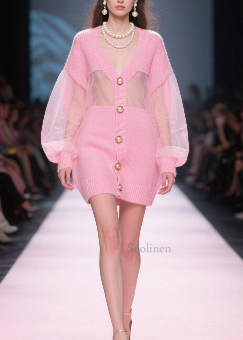 Italian Pink V Neck Tulle Button Patchwork Knit Cardigan Fall