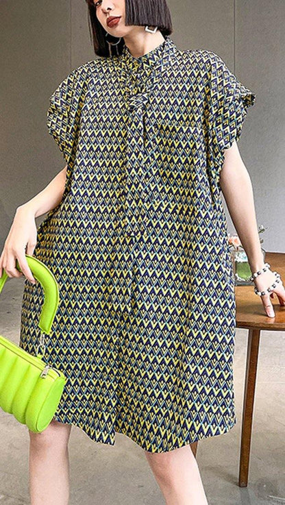 Italian Print Pockets Cotton Button Summer Ankle Dress - SooLinen