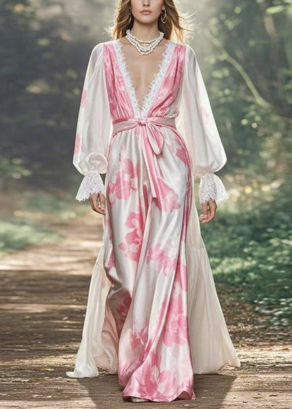 Italian Print Tie Waist Silk Maxi Dresses Flare Sleeve