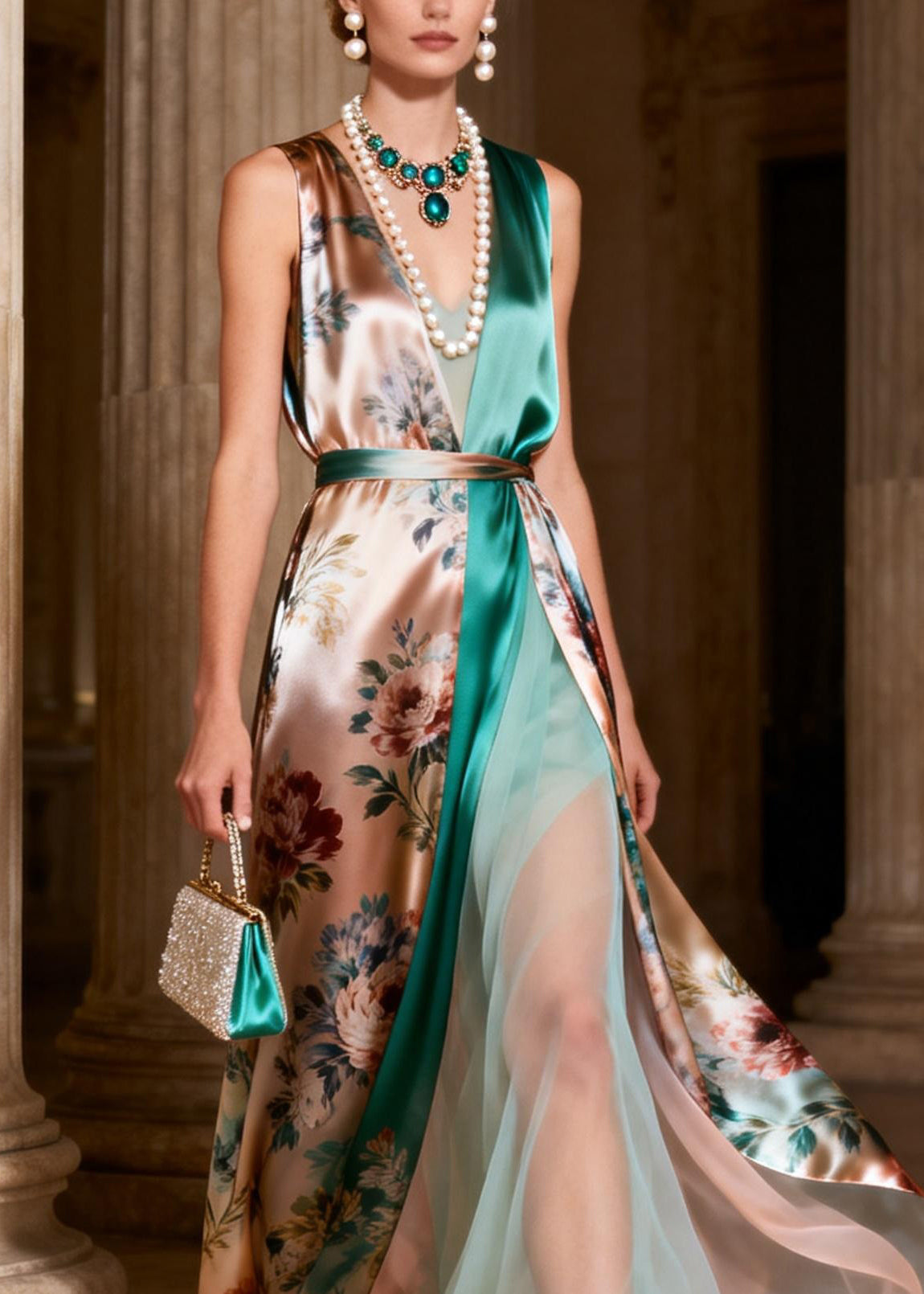 Italian Print Tulle Patchwork Silk Long Spaghetti Strap Dresses Sleeveless