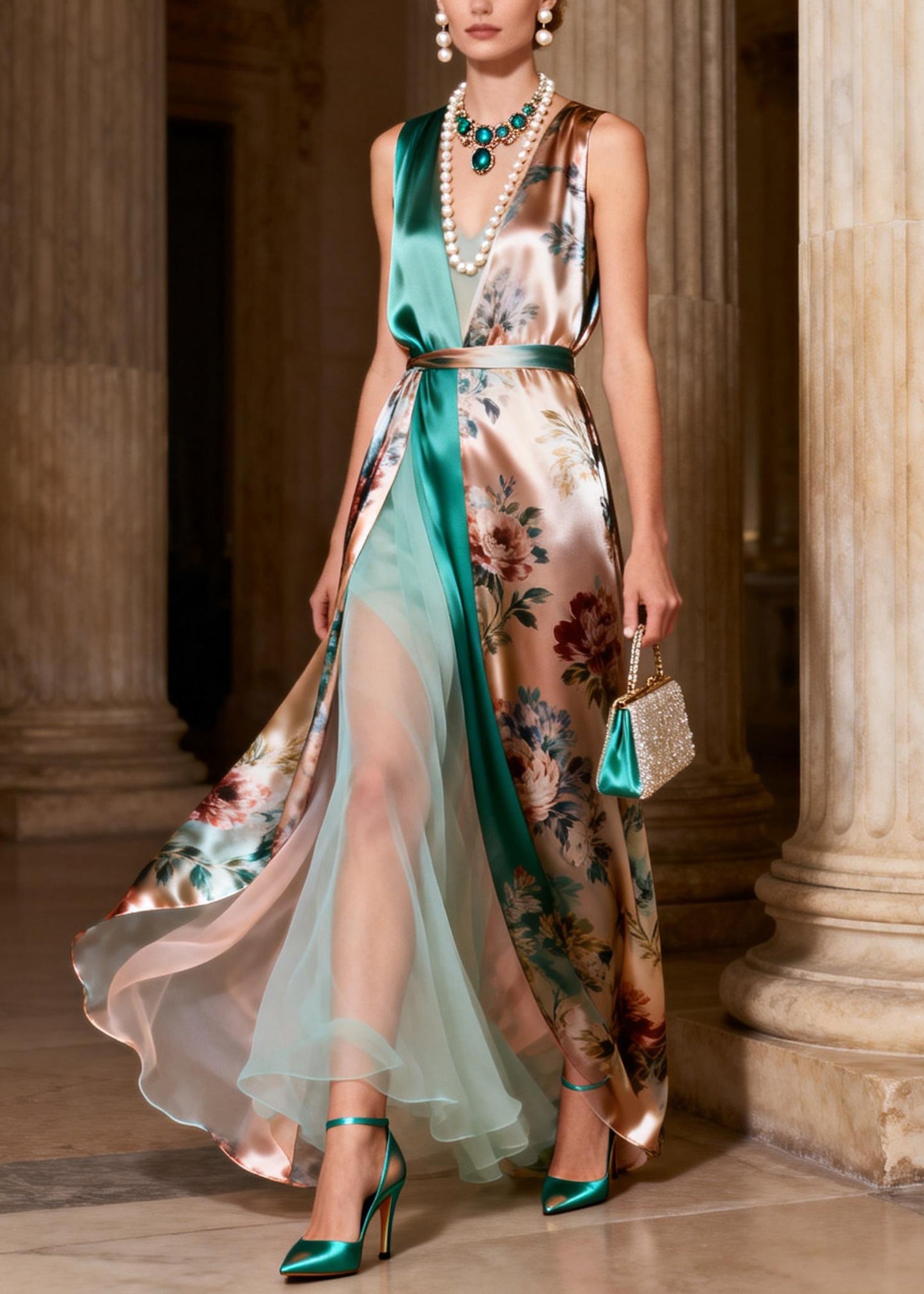 Italian Print Tulle Patchwork Silk Long Spaghetti Strap Dresses Sleeveless