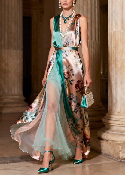 Italian Print Tulle Patchwork Silk Long Spaghetti Strap Dresses Sleeveless