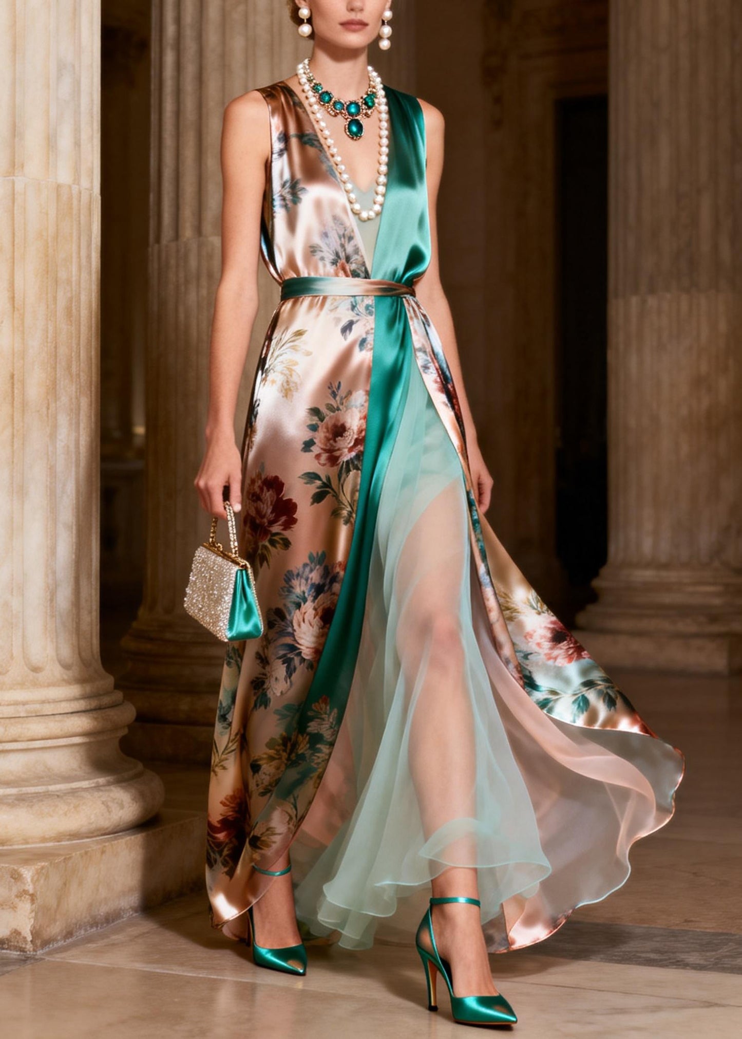 Italian Print Tulle Patchwork Silk Long Spaghetti Strap Dresses Sleeveless