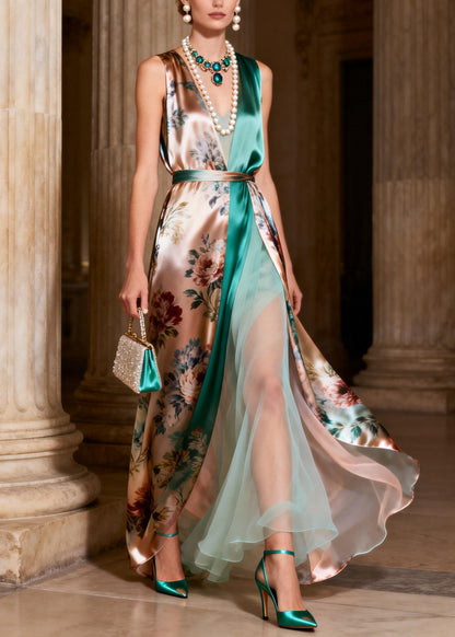 Italian Print Tulle Patchwork Silk Long Spaghetti Strap Dresses Sleeveless