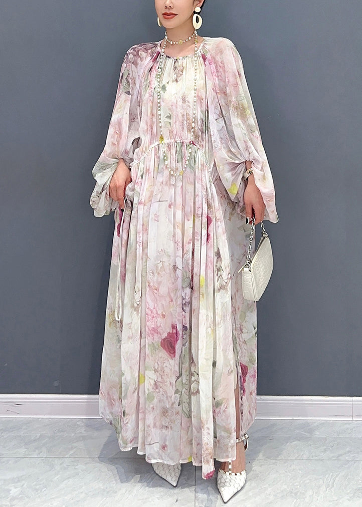 Italian Print Wrinkled Side Open Chiffon Long Dresses Puff Sleeve