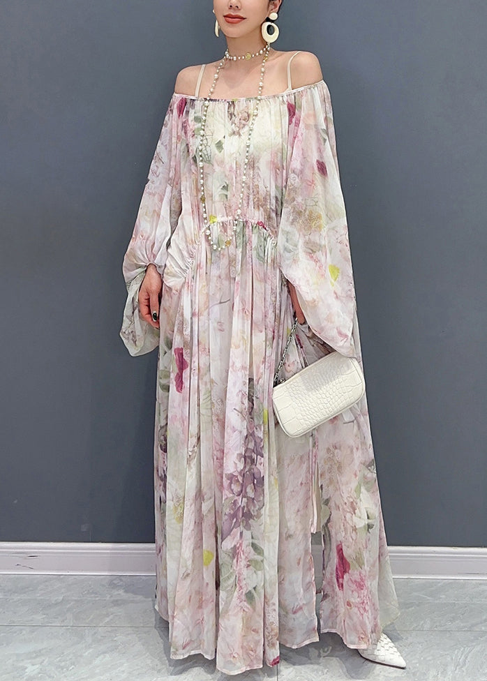 Italian Print Wrinkled Side Open Chiffon Long Dresses Puff Sleeve