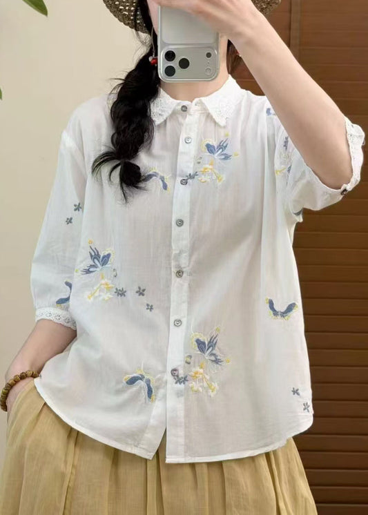 Italian Purple Embroidered Butterfly Cotton Shirts Summer