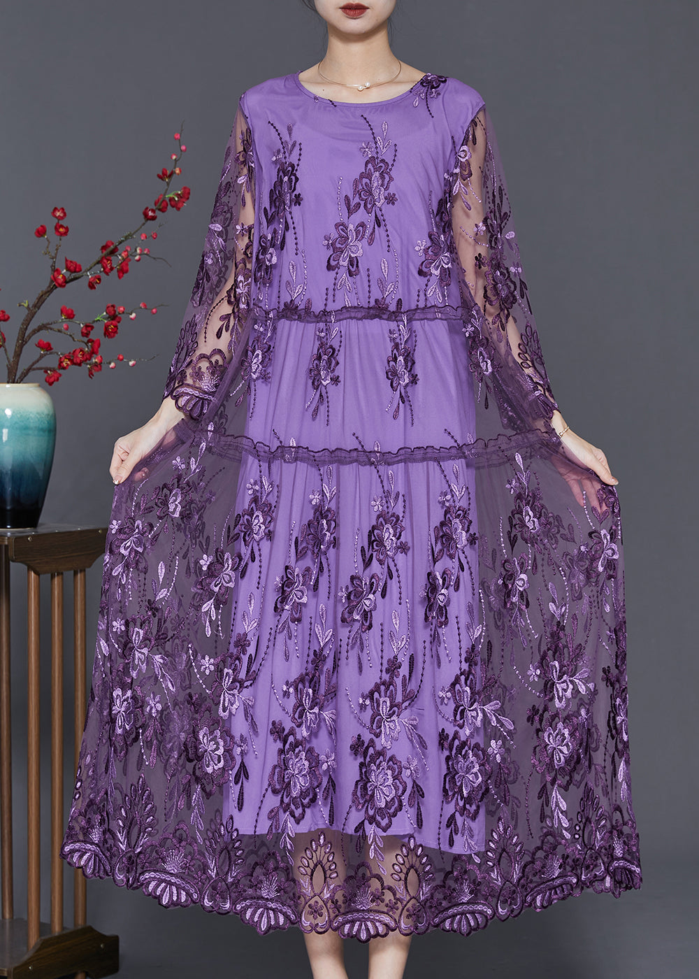 Italian Purple Embroidered Patchwork Tulle Long Dresses Summer