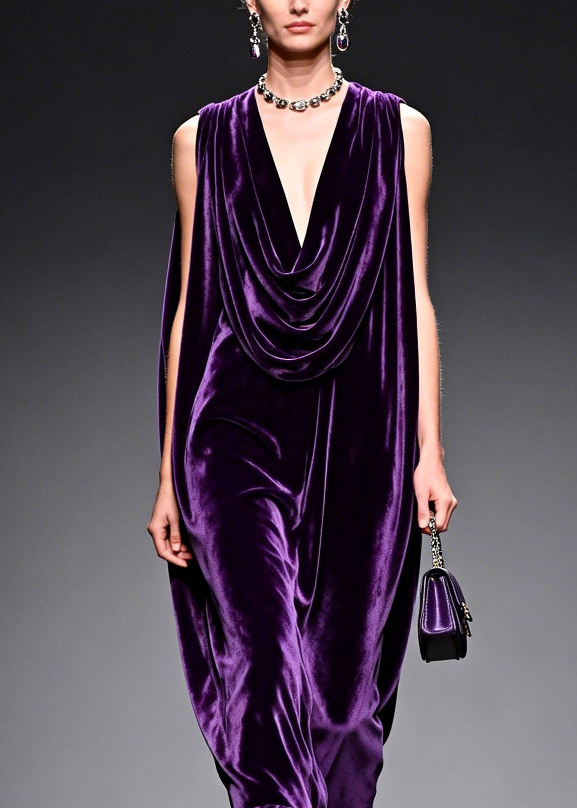 Italian Purple Floral Patchwork Velvet Long Dress Sleeveless