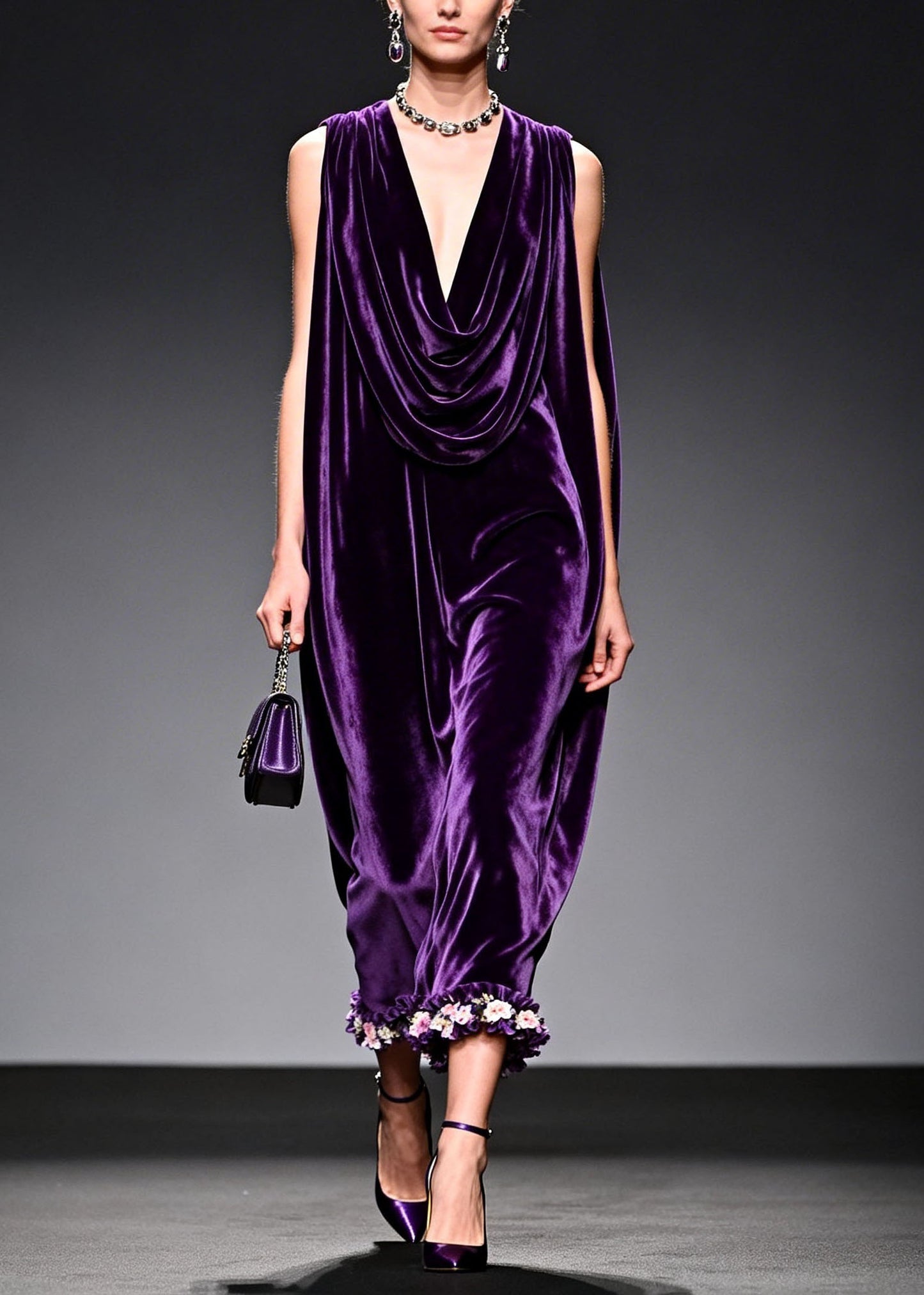 Italian Purple Floral Patchwork Velvet Long Dress Sleeveless