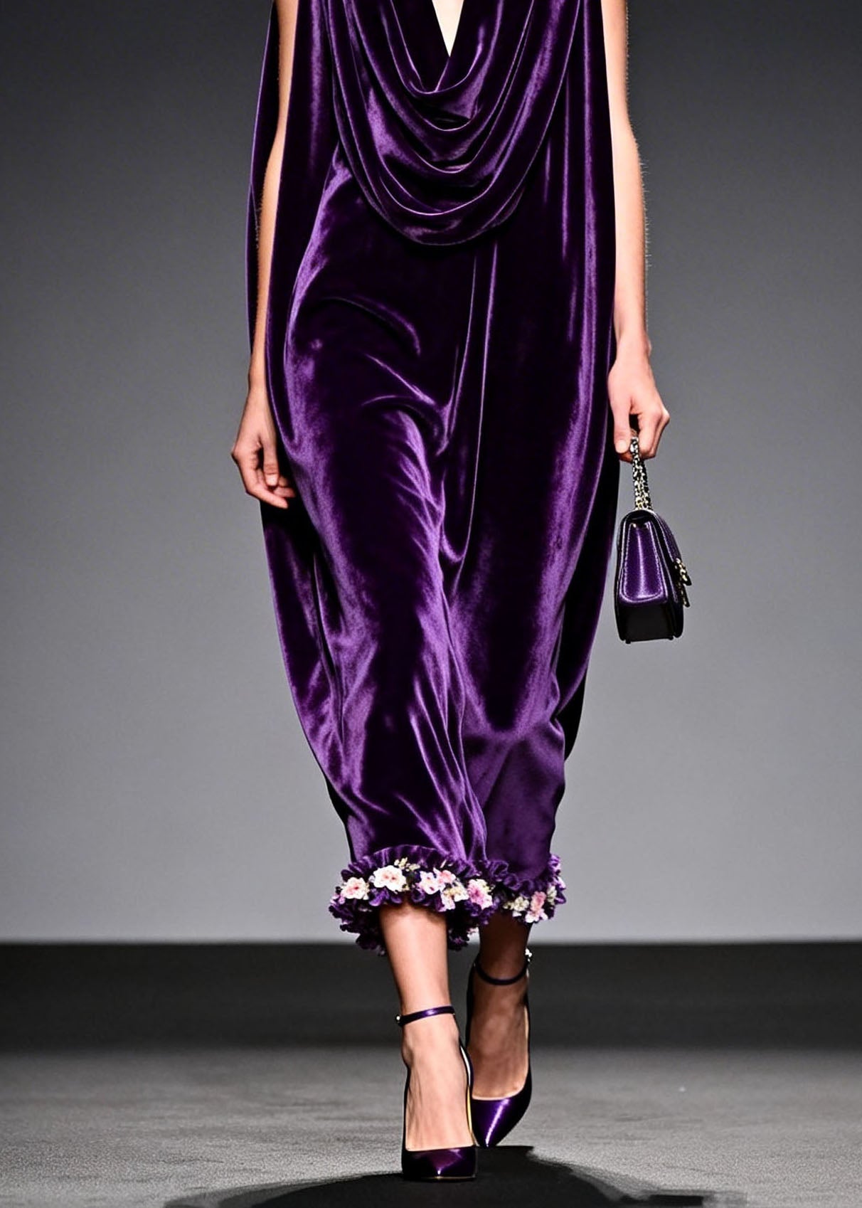 Italian Purple Floral Patchwork Velvet Long Dress Sleeveless