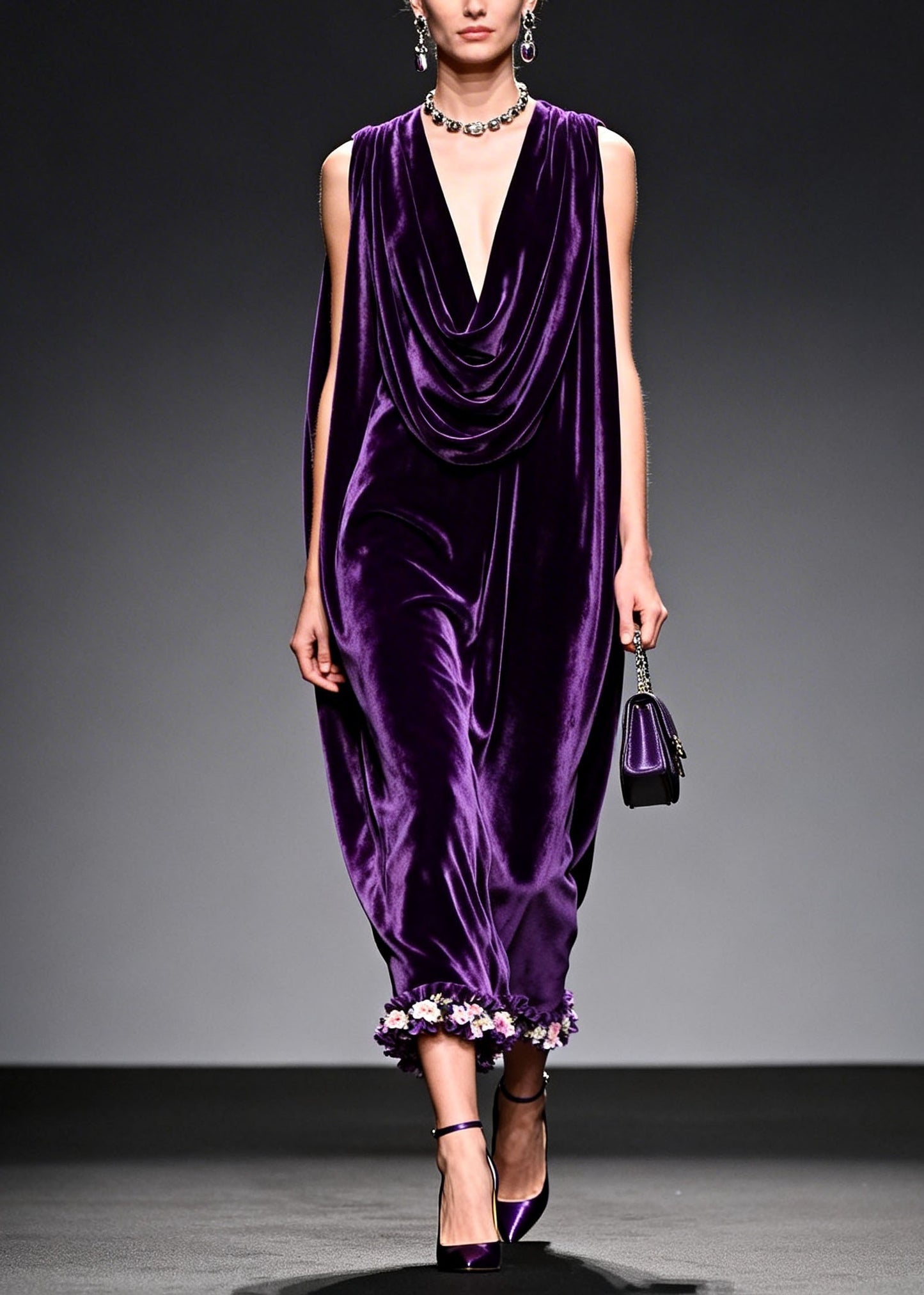 Italian Purple Floral Patchwork Velvet Long Dress Sleeveless