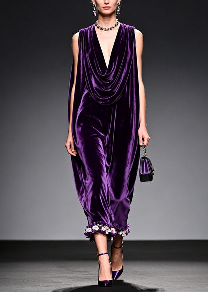 Italian Purple Floral Patchwork Velvet Long Dress Sleeveless