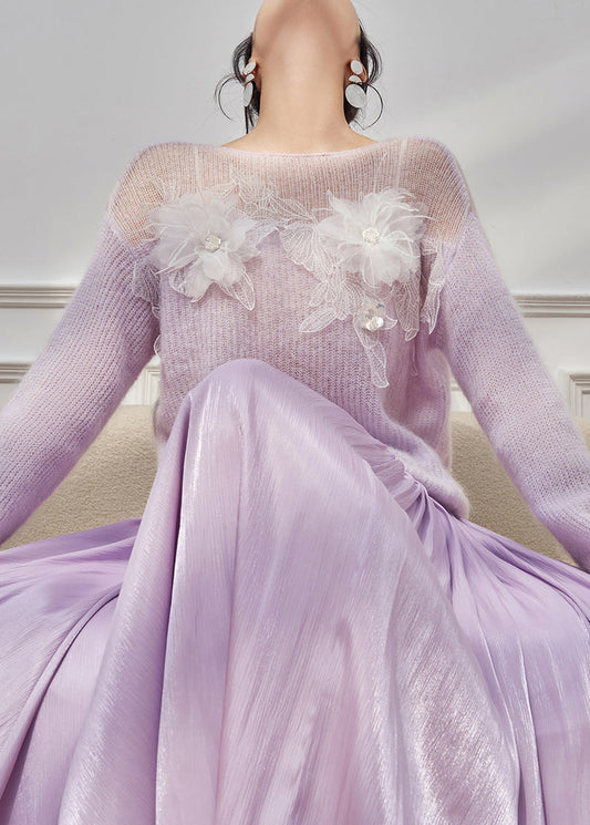 Italian Purple Hollow Out Floral Patchwork Knit Sweater Spring