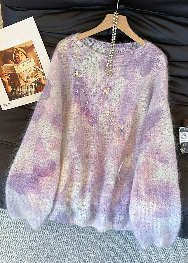 Italian Purple O Neck Butterfly Cozy Knit Sweater Fall