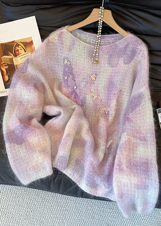 Italian Purple O Neck Butterfly Cozy Knit Sweater Fall