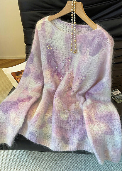 Italian Purple O Neck Butterfly Cozy Knit Sweater Fall