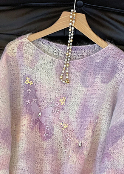 Italian Purple O Neck Butterfly Cozy Knit Sweater Fall