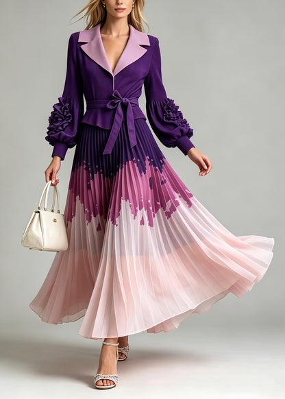 Italian Purple Peter Pan Collar Floral Patchwork Wrinkled Dress Lantern Sleeve