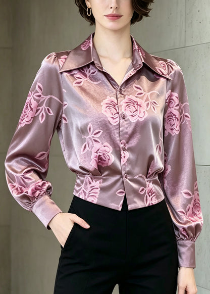 Italian Purple Peter Pan Collar Print Silk Top Summer