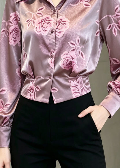 Italian Purple Peter Pan Collar Print Silk Top Summer