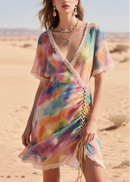 Italian Purple Print Cross Strap Chiffon Mini Dress Summer