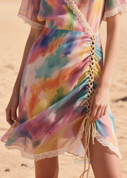 Italian Purple Print Cross Strap Chiffon Mini Dress Summer