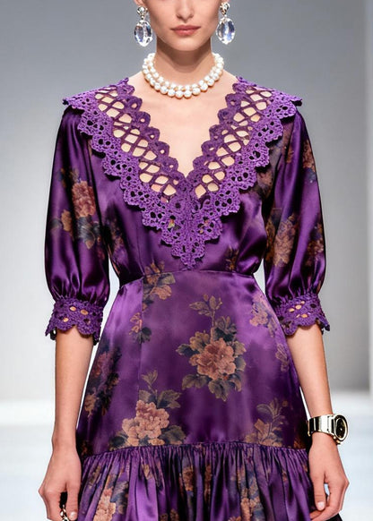 Italian Purple Print Lace Patchwork Silk Long Dress Summer