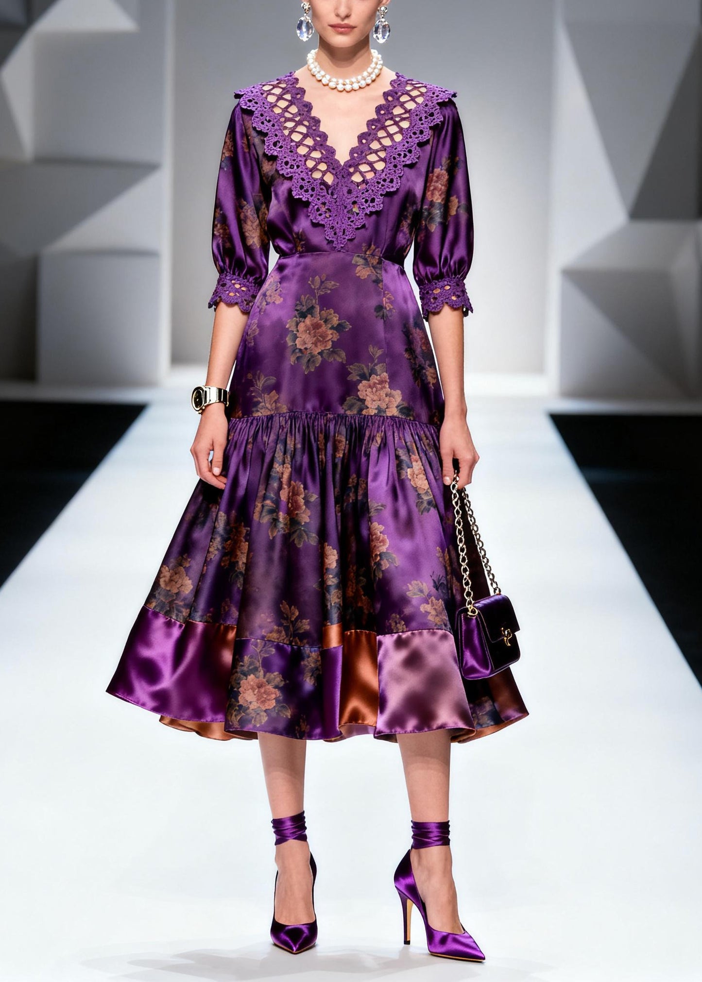 Italian Purple Print Lace Patchwork Silk Long Dress Summer